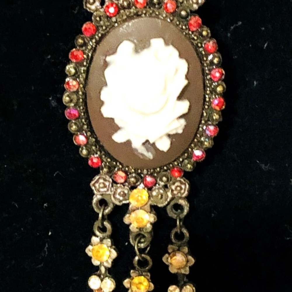 Vintage Floral Cameo Brooch with Red and Yellow Accents